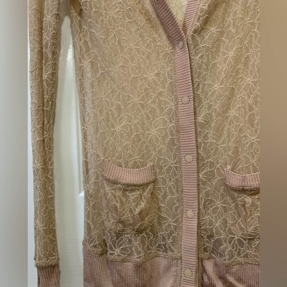 RODARTE. Long sleeve light tan lacy dressy cardigan. Small